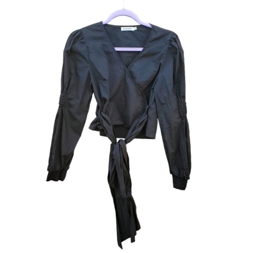Stelen Black Cotton Cropped Puff Long Sleeve Long Wrap Belt‎ Small NWOT